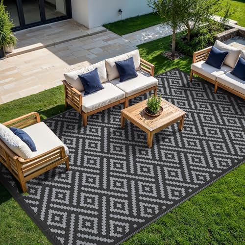 GENIMO Outdoor Rug, Waterproof Plastic Rugs 10'x20' for Camping Black Grey - Image 2