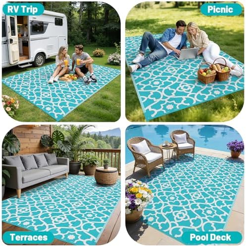 HEBE Waterproof Outdoor Rug 6'x9', Geometric Reversible Plastic Patio Rug - Image 6