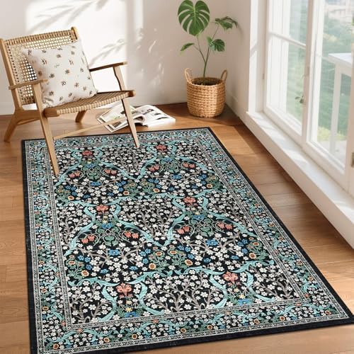 GarveeHome 4x6 Washable Area Rug for Living Room, Floral Large Entryway Kitchen Rug Non Slip, Ultra Soft Stain Resistance Carpet for Bedroom Laundry Room, Black by GarveeHome