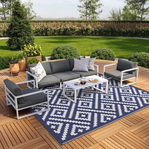 GENIMO Outdoor Rug, Waterproof Plastic Rugs 9'x12' for Camping Blue White by GENIMO