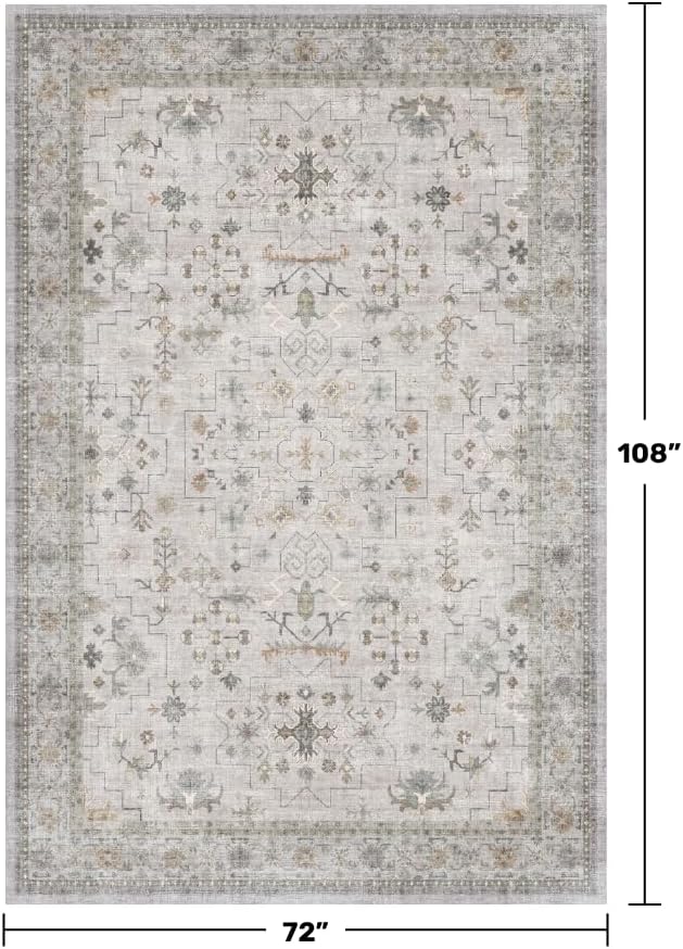 Washable Light Gray & Sage Living Room Rug 6x9 - Boho Geometric Area Rugs for Dining Under Table, Neutral Floral Bedroom Carpet, Modern Vintage Low Pile Stain Resistant - Image 2