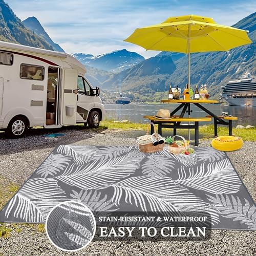 Pauwer Waterproof Outdoor Rug 9x12, Plastic Straw Patio Rug, Leaf Grey - Image 5