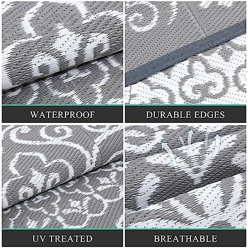 Pauwer Outdoor Rug 8x10, Waterproof Plastic Straw Camping Rug, Floral Grey - Image 3