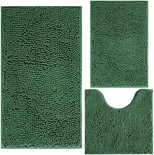 Green Bathroom Rug Chenille 3-Piece Extra Soft and Absorbent Shag Bath Mat Set, Machine Wash Bathroom Rug Set, Strong PVC Non-Slip Underside, Plush Carpet Bath Mat (Dark Green) by BOANKODU