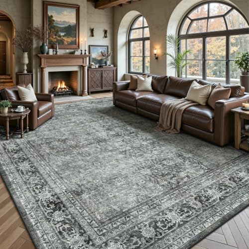 8x10 Area Rugs for Living Room - Washable Vintage Retro Large Rug, Soft Ultra Thin Non Slip Low Pile Traditional Distressed Boho Carpet for Bedroom Dining Room Home Office, Black Grey - Image 3