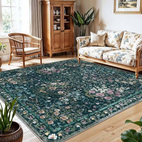 7x7 Vintage Floral Dining Room Rug - 7ft Square Low Pile Non Slip Machine Washable Area Rug, Indoor Carpet for Under Table/Bed Living Room Bedroom Office Nursery Entryway Playroom (7ft Square, Green) - Image 3