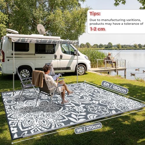 Findosom Waterproof Outdoor Rug 6' x 9' - Reversible Mandala Outdoor Plastic Straw Rug, Durable Foldable Patio Rug for RV, Deck, Balcony, Backyard, Picnic, Porch, Camping, Beach, Gray - Image 2