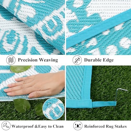 Bsmathom Waterproof Outdoor Rug 9x12ft Large Reversible Boho Plastic Straw Patio Deck Camping Rugs, Indoor Outdoor Portable RV Mat Carpet for Outside, Porch, Balcony, Backyard, Beach, Pool,Teal - Image 4