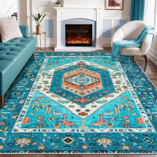 SERISSA 8x10 Washable Non Slip Boho Area Rug for Living Room，Blue by SERISSAHomeDecorCollection