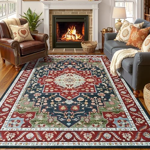 YJ.GWL Area Rugs for Living Room 5x7 Machine Washable Rugs, Non Slip Floral Vintage Rug Indoor Carpet, Stain Resistant Large Rug for Bedroom Dining Room, Red Green by YJGWLHomeDecor
