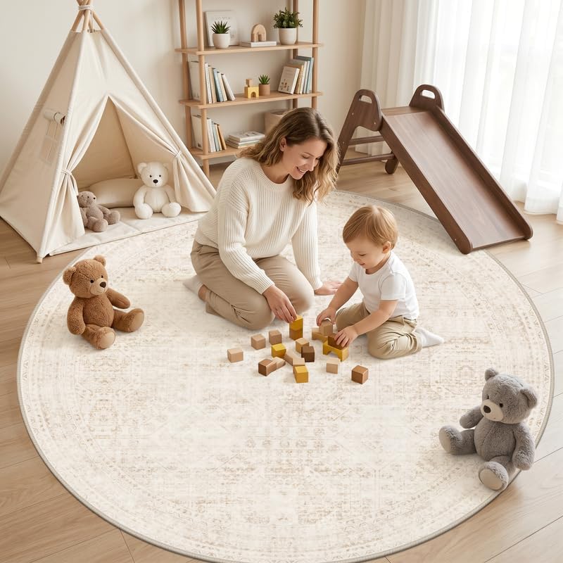 Round Area Rug Living Room: 8ft Neutral Washable Carpet Rug Beige - Image 3