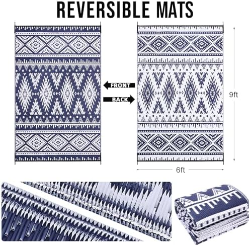 OLANLY Outdoor Rug 6x9 ft Waterproof Reversible Boho Mat, Navy & White - Image 2