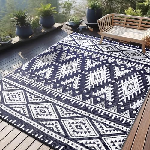 OLANLY Outdoor Rug 9x18 ft Waterproof Reversible Boho Mat, Navy & White by OLANLY