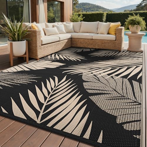 GENIMO Outdoor Rug, Waterproof Plastic Rugs for Patio, 9'x12' Black Beige by GENIMO