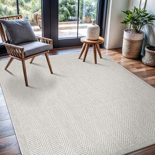 CAMILSON Easy Jute Rug 5x7, Indoor Outdoor Off-White Color Fiber Area Rugs for Living Room Patio and Kitchen Rug Herringbone Seagrass Woven Design Easy-Cleaning Washable Outside Carpet Alfombras 5 x 7 - Image 5