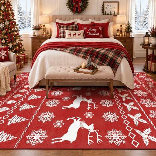 Christmas Red 5x7 Area Rugs for Living Room, Washable Rug Soft Non-Slip Low Pile Christmas Tree Elk Snowflake Carpet for Kitchen Bedroom Kids Nursery Holiday Throw Home Decor(Red Elk) - Image 4