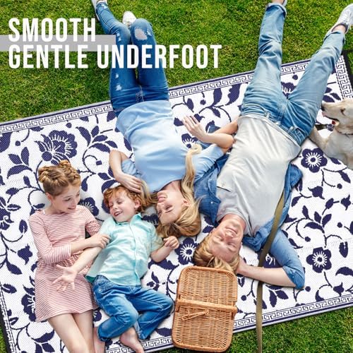 OLANLY Outdoor Rug 8x10 ft Waterproof Reversible Floral Mat, Navy & White - Image 5