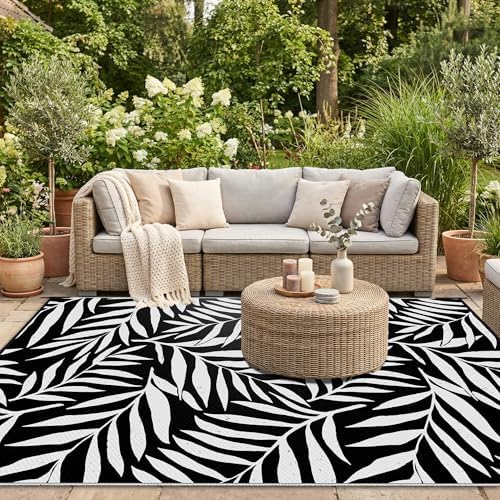 Smiry Outdoor Rug 6x9 ft Waterproof Reversible Leaf Mat, Black & White - Image 5