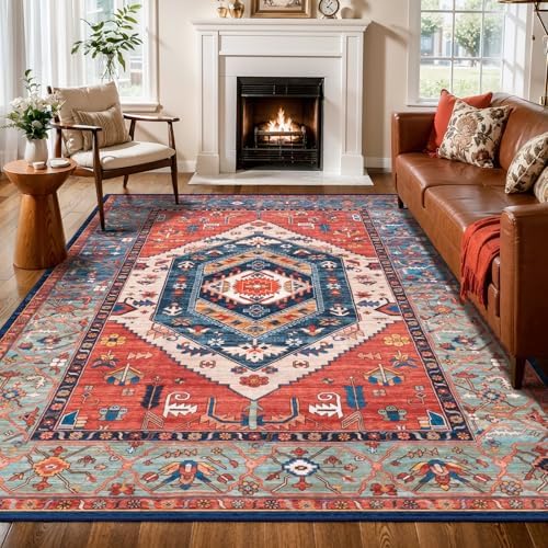 SERISSA 7x9 Washable Non Slip Boho Area Rug for Living Room，Rust by SERISSAHomeDecorCollection