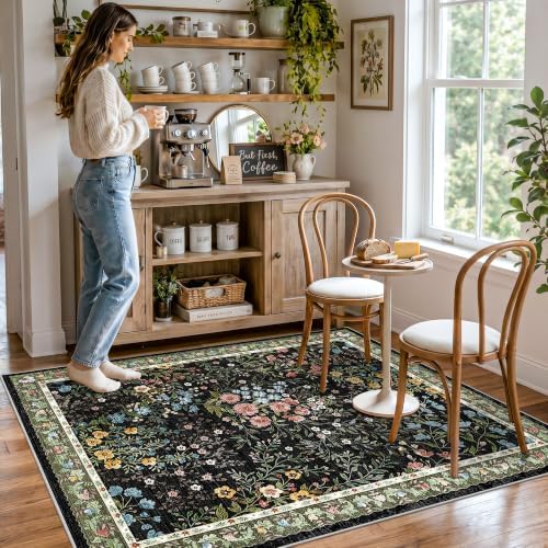 4x5 Washable Entryway Area Rug: Non Slip Floral Washable Entry Rug Living Room Area Rug for Indoor Floor Kitchen Bedroom - Soft Thin Door Mat Carpet Boho Vintage Home Decor (4'x5', Black) - Image 5