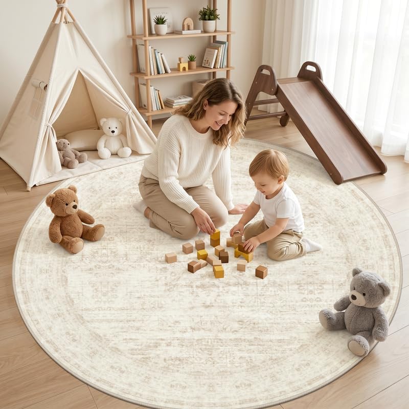 Round Area Rug Living Room: 8ft Washable Carpet Retro Beige - Image 3