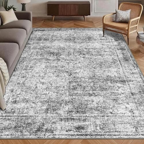 Washable Area Rug 5' x 7' Vintage Traditional Persian Mat - Foldable Distressed Non-Slip Machine Washable Carpet for Living Room Bedroom Kitchen Home Decor - Graphite and Mist by Unknown