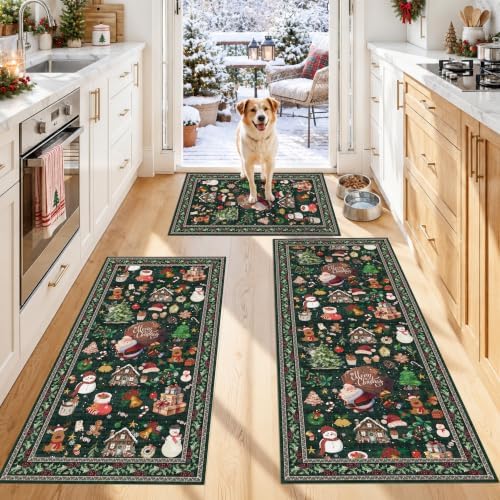 Christmas Kitchen Rug Set of 3: Non-Skid Washable Holiday Kitchen Floor Mat Soft Low Pile Throw Rugs and Runner for Entryway Bathroom Hallway Christmas Decor for Laundry (Christmas Green,2x3+2x4+2x5) - Image 3