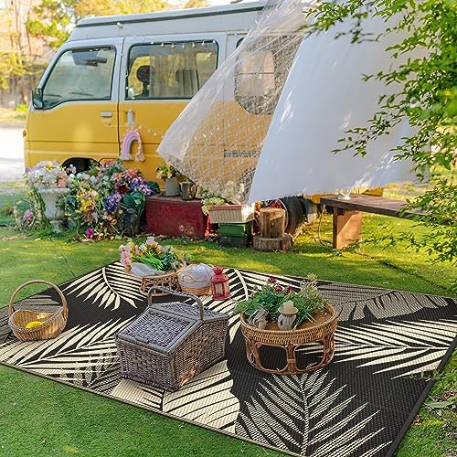 GENIMO Outdoor Rug, Waterproof Plastic Rugs for Patio, 4'x6' Black Beige - Image 3