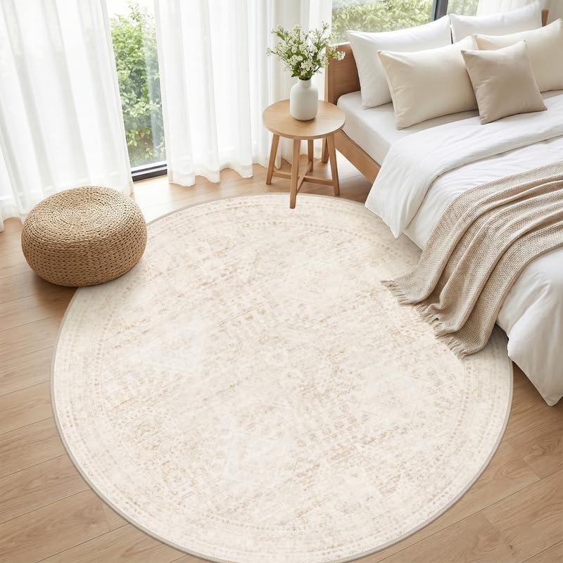 Round Area Rug Living Room: 8ft Neutral Washable Carpet Rug Beige - Image 4