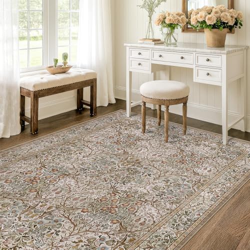 Vintage 4x6 Entryway Rug, Washable Area Rugs for Mudroom, Bedside Rugs Bedroom, Large Kitchen,Living Room, Office, Dorm, Non-Slip Low Pile Soft Stain Resistant Carpet Floral Moss Green Taupe Decor - Image 3