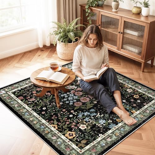 4x4 Square Entry Rug Entryway Foyer: Non-Slip Floral Washable Rugs for Living Room Indoor Floor Kitchen Bedroom - Soft Thin Doormat Carpet Boho Vintage Home Decor (4ft Square, Black) - Image 5