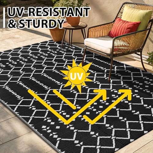 Smiry Outdoor Rug 9x12 ft Waterproof Reversible Boho Mat, Black - Image 5