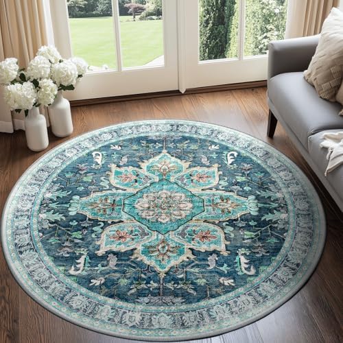 BESTSWEETIE Washable Boho Round 6ft Area Rug, Living Room, Teal Dark Green by BESTSWEETIE