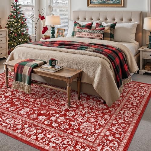 PureCozy Red Area Rug 5x7 Vintage Floral Farmhouse - Image 6