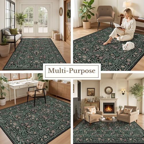 8x10 Area Rug Living Room: Soft Floral Washable Carpet Dark Green - Image 5