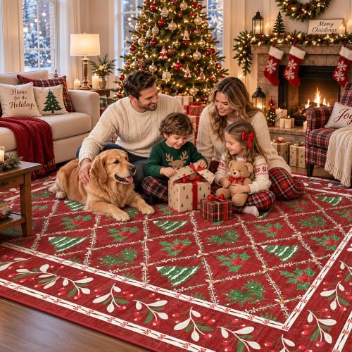 Red Christmas Rug 5x7 for Living Room, Bedroom, Playroom, Nursery Room Machine Washable Low Pile with Non-Slip Backing Christmas Decor for Home (Xmas Red) - Image 3