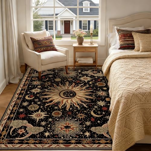 Vacuum-Friendly, 6x9 Washable Area Rug, Black Gold Beige Red - Image 2