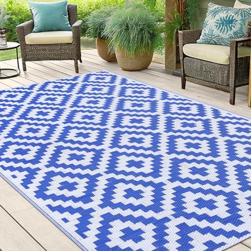 Smiry Outdoor Rug 5x8 ft Waterproof Reversible Boho Mat, White & Blue - Image 6