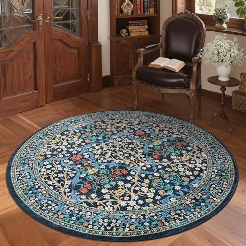 GarveeHome Dark Blue Floral 4 ft Round Rug Washable Non-Slip Soft Low Pile Small Circle Carpet Vintage Rugs for Kitchen Bedroom Nursery Dining Living Room by GarveeHome