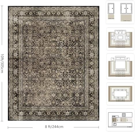 8x10 Area Rugs for Living Room - Washable Vintage Retro Large Rug, Soft Ultra Thin Non Slip Low Pile Traditional Distressed Boho Carpet for Bedroom Dining Room Home Office, Brown - Image 2