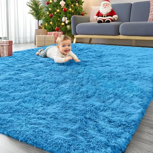 OLANLY 6x9 Machine Washable Large Area Rugs for Living Room, Bedroom, Soft Fluffy Shaggy Bedside Rug, Indoor Floor Carpet for Kids Girls and Boys, Dorms, Nursery, Home Decor Aesthetic, Bright Blue by OLANLY