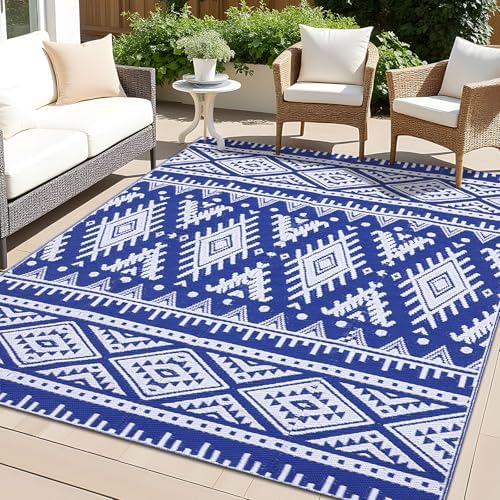 OLANLY Outdoor Rug 5x8 ft Waterproof Reversible Boho Mat, Blue & White by OLANLY