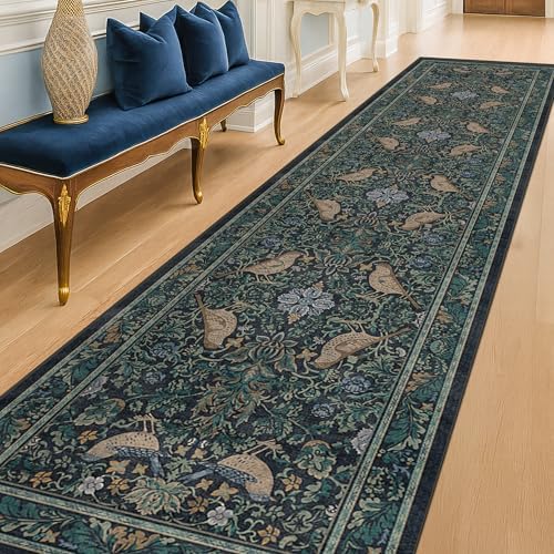Washable 2x10 Extra Long Runner Rugs for Hallyway - Blue and Green Low Plie Indoor Rugs for Entryway, Floral Non Skid Waterproof Kitchen Floor Mats, Nature Leaf & Bird Décor by HazoHaus