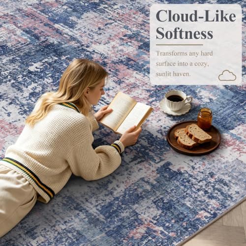 Sasttie 10x14 Washable Area Rug, Modern Abstract Large Carpet, Pink & Blue - Image 3