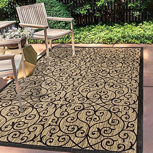 JONATHAN Y Vintage Filigree Indoor Outdoor Area Rug 5X8 Black/Khaki, Madrid Textured Weave for Backyard, Patio, Porch, Easy-Cleaning, High Traffic, Pet-Friendly, Non-Shedding (SMB107A-5) - Image 3
