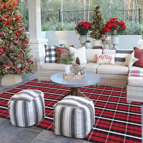 Buffalo Plaid Outdoor Rug, 4' x 6' Christmas Red & Black Check Indoor/Outdoor Area Rug, Layering Rug for Hello/Welcome Door Mat, Machine Washable Cotton Woven Farmhouse Mat for Front Porch Decor - Image 4