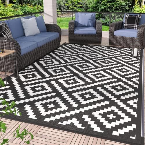 GENIMO Outdoor Rug, Waterproof Plastic Rugs for Patio, 6'x9' Black White by GENIMO