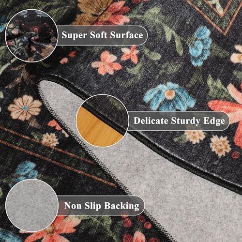 DUKINO 3x6 Kitchen Runner Rug, Washable Vintage Floral Area Rug, Black - Image 5