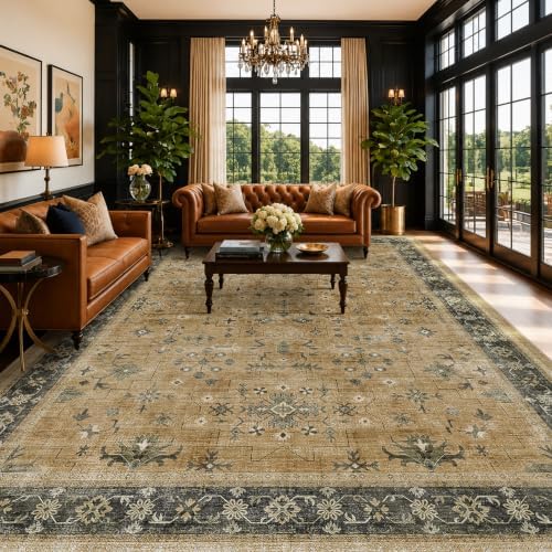 Vintage 10x14 Living Room Rug, Oriental Large Area Rug for Dining Room Under Table, Washable Rustic Brown and Charcoal Olive Low Pile Bedroom Carpet, Non-Slip Stain Resistant - Image 6