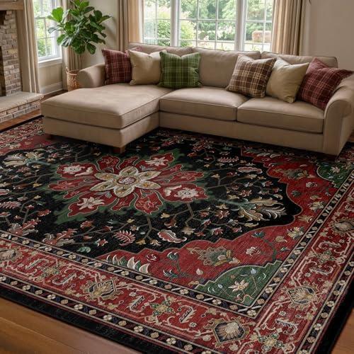 RELEANY Washable Area Rug, 7'x10', Red/Black by RELEANY